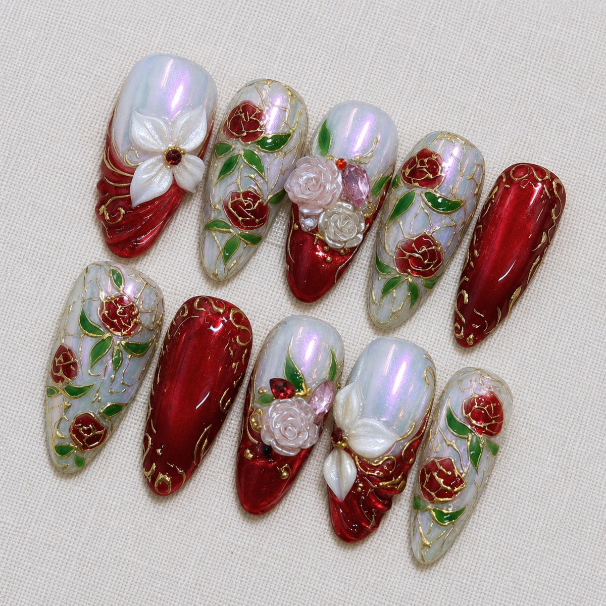 Handmade Red Chrome Rose Nail Set, Baroque Floral Press On Nails