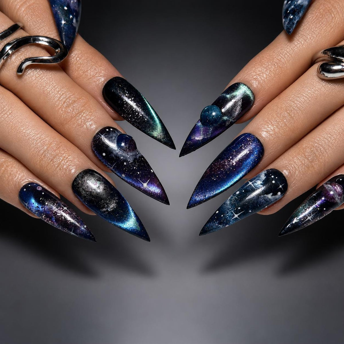 Galaxy Cosmic  Press On Nails, Handmade Space Nail Set Celestial Stiletto Nails Cosmic Starry Sky False Nails Gift for Women | JB418LG