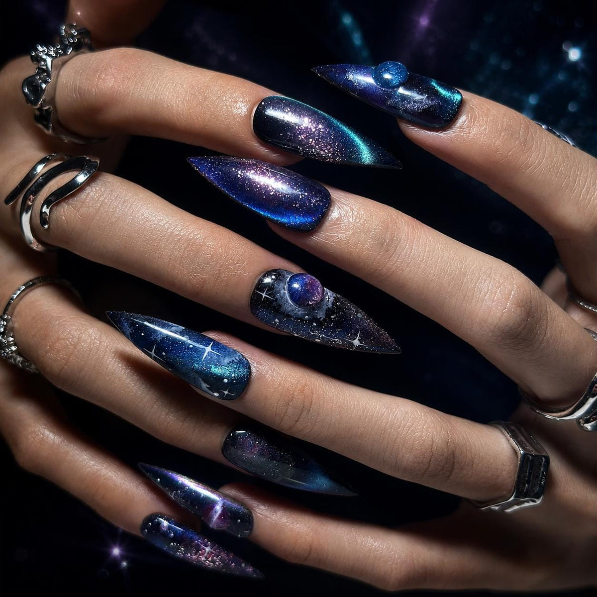 Galaxy Cosmic  Press On Nails, Handmade Space Nail Set Celestial Stiletto Nails Cosmic Starry Sky False Nails Gift for Women | JB418LG