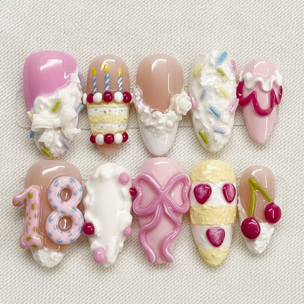 3D Birthday Cake Press On Nails, Kawaii Dessert Nails, Pink Bow Set