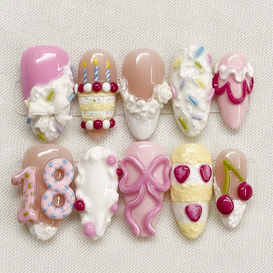 3D Birthday Cake Press On Nails, Kawaii Dessert Nails, Pink Bow Set