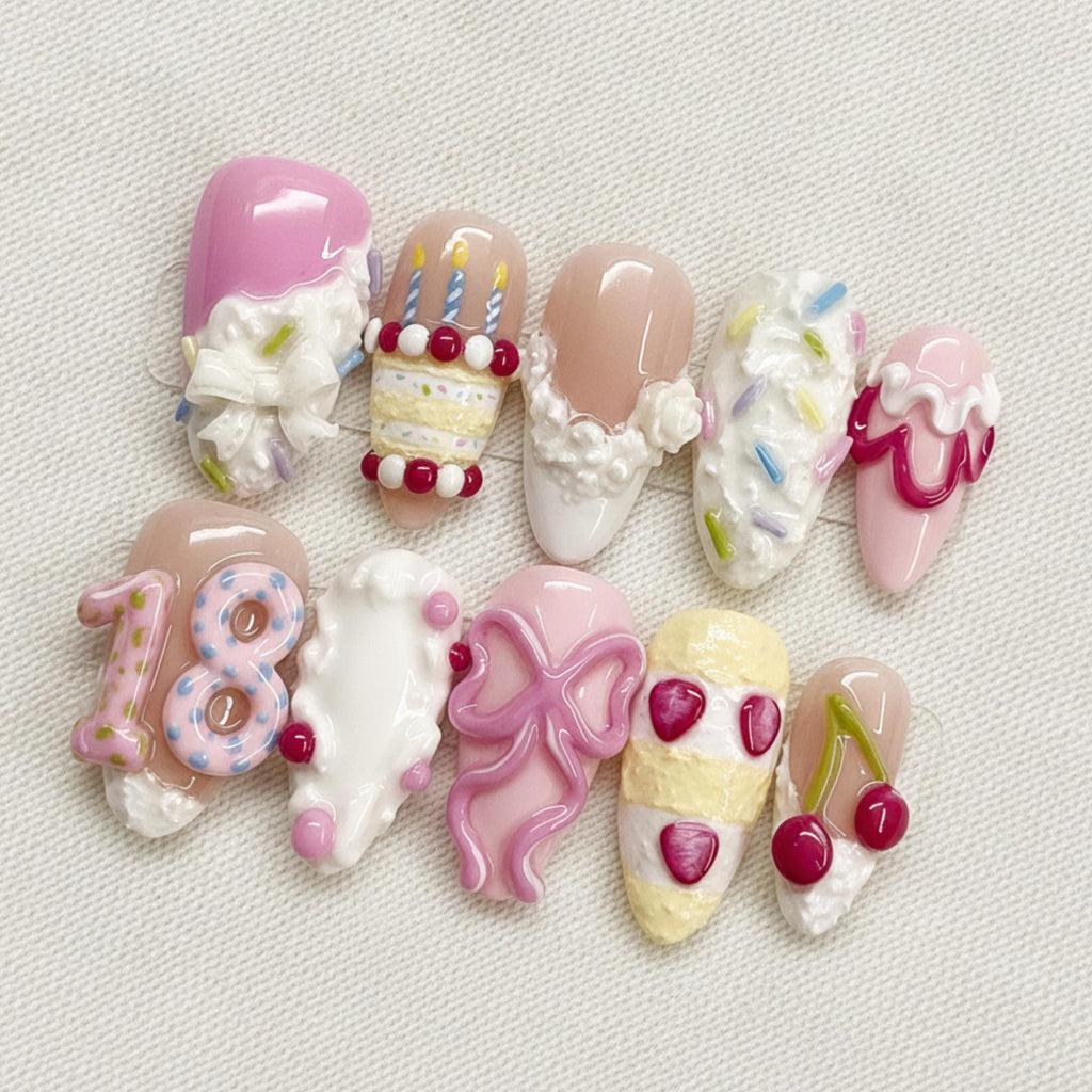 3D Birthday Cake Press On Nails, Kawaii Dessert Nails, Pink Bow Set