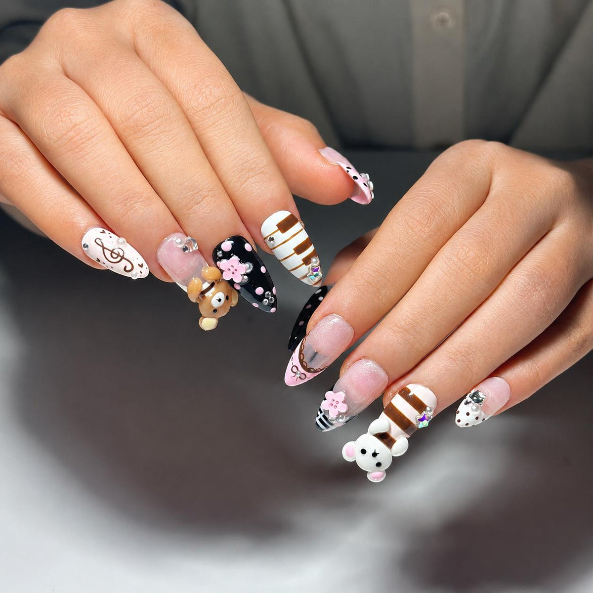 Teddy Bear Press On Nails Almond • Pink Black Kawaii 3D Bear Flower Music Note Fake Nails • Cute Birthday Gift for Her| JB430LC
