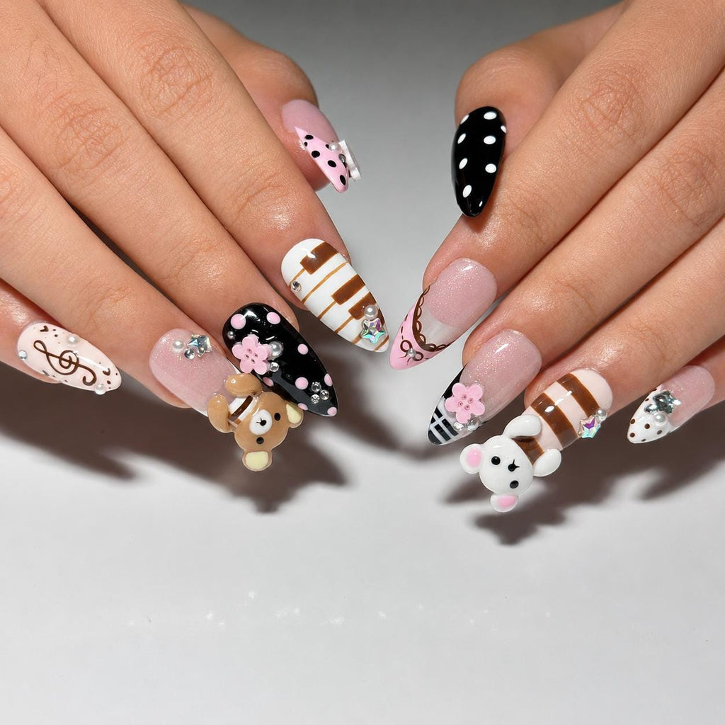 Teddy Bear Press On Nails Almond • Pink Black Kawaii 3D Bear Flower Music Note Fake Nails • Cute Birthday Gift for Her| JB430LC