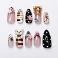 Teddy Bear Press On Nails Almond • Pink Black Kawaii 3D Bear Flower Music Note Fake Nails • Cute Birthday Gift for Her| JB430LC