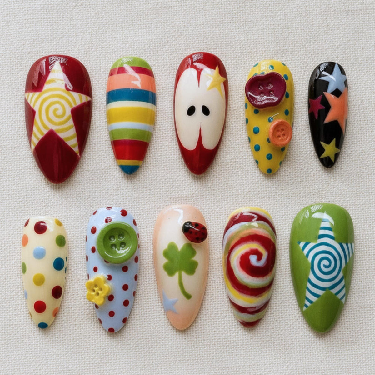 Retro Kawaii Press On Nails, Colorful Star Swirl Nail Set