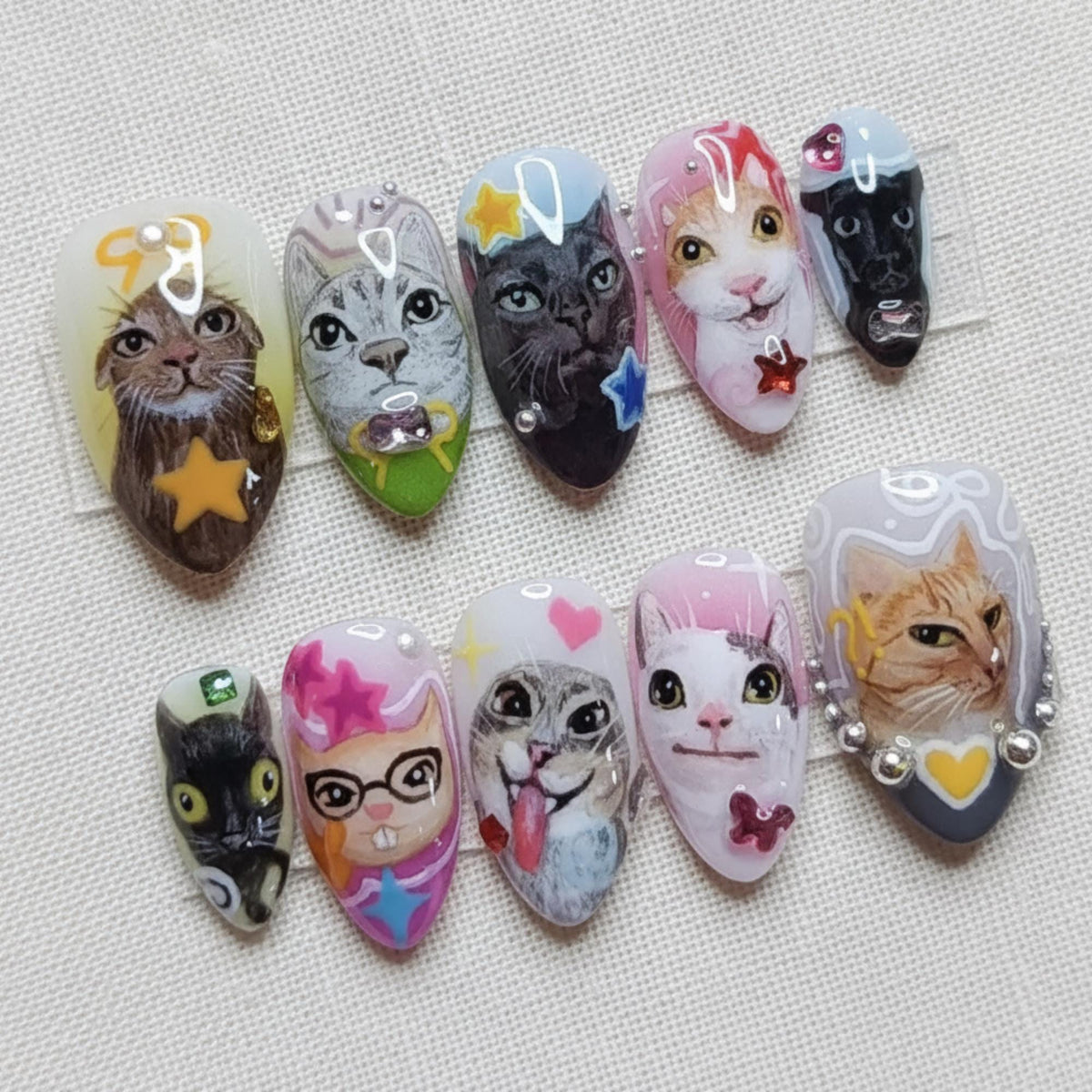 Kawaii Cat Press On Nails, Custom Pet Portrait Nail Set