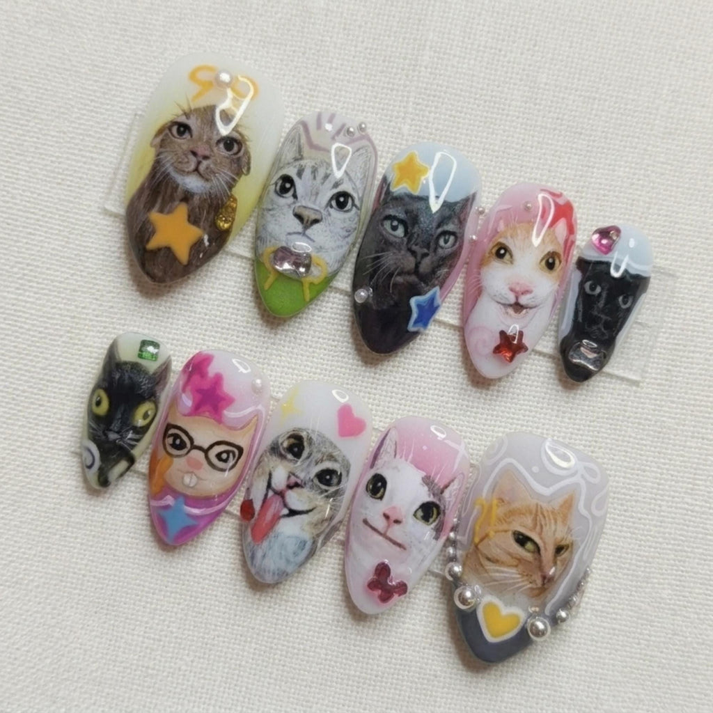 Kawaii Cat Press On Nails, Custom Pet Portrait Nail Set