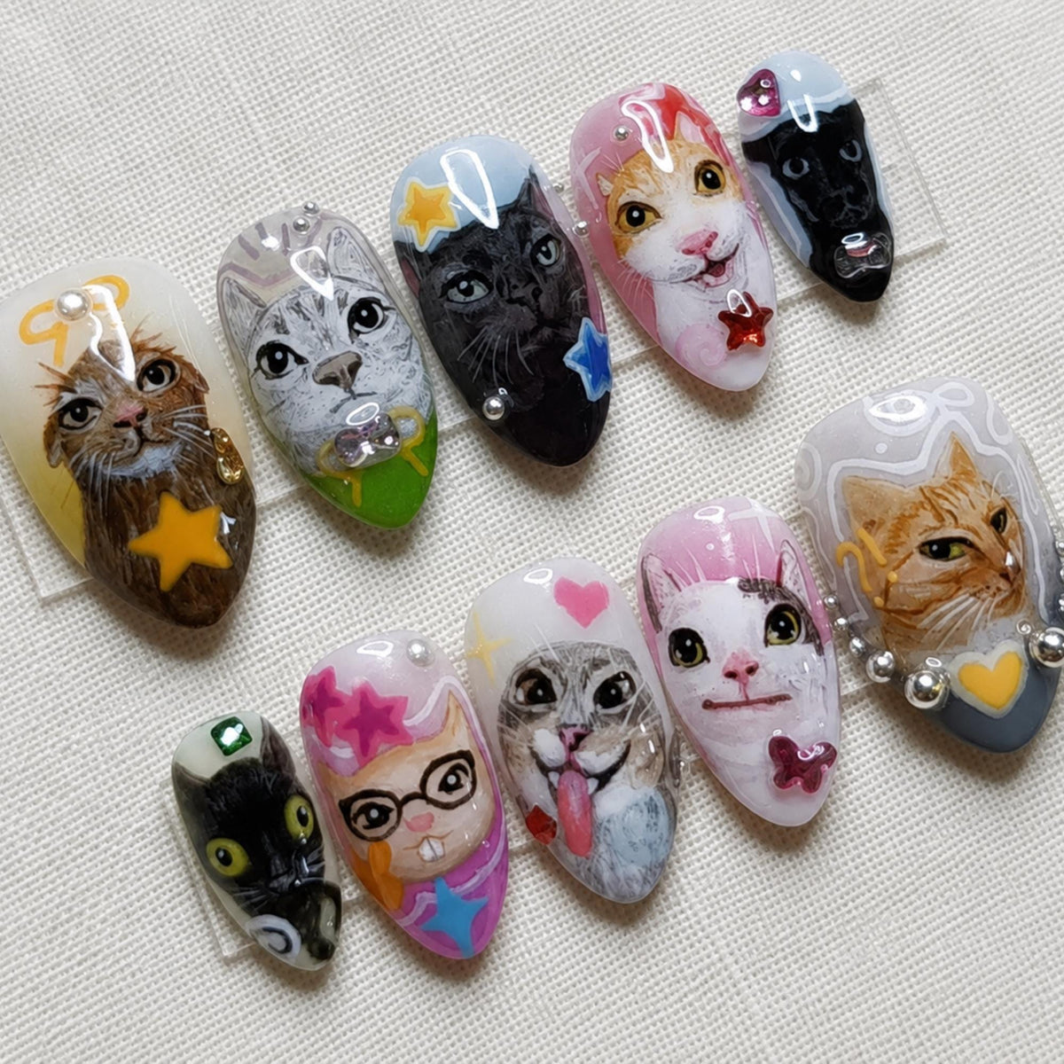 Kawaii Cat Press On Nails, Custom Pet Portrait Nail Set
