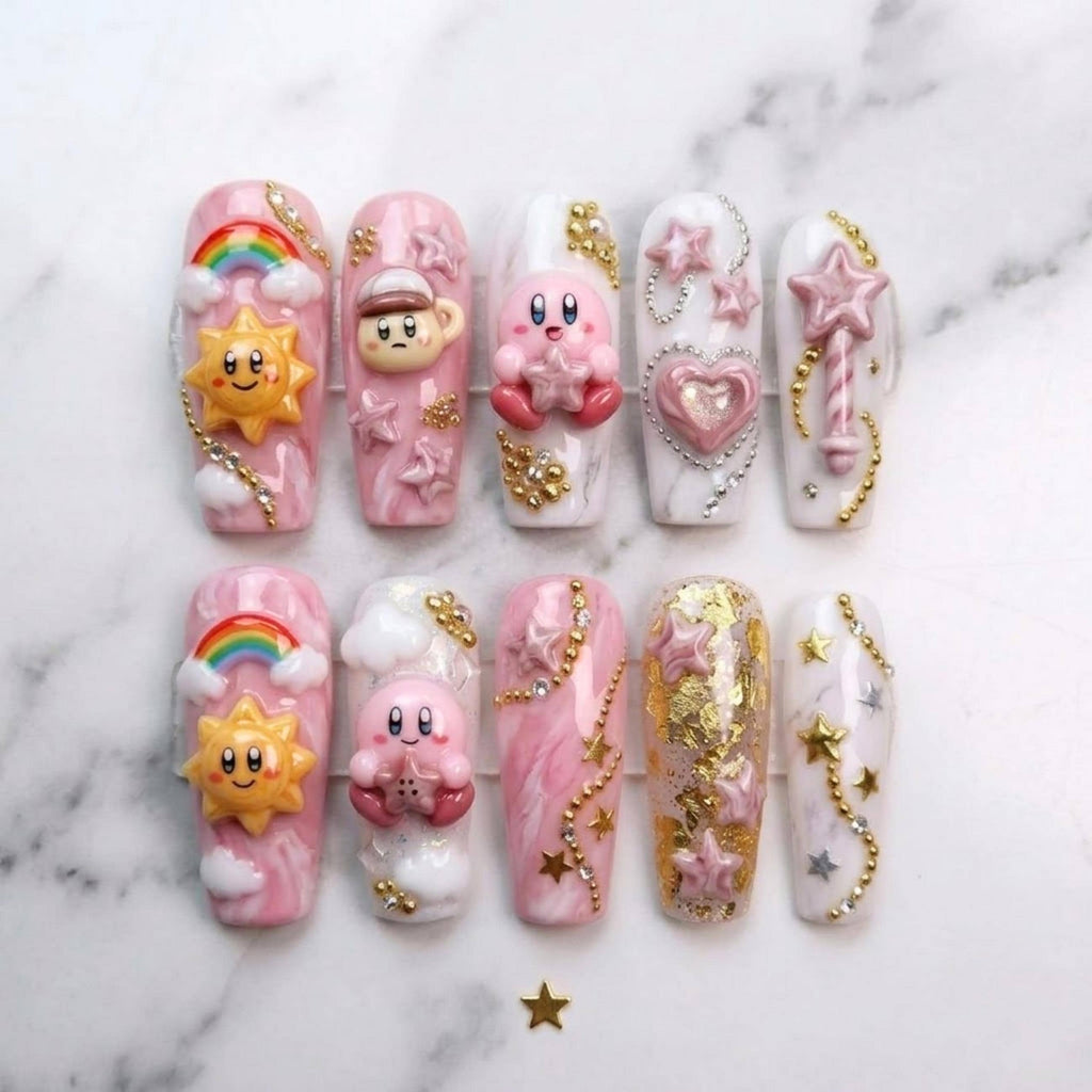 Kawaii Kirby Star Press On Nails, 3D Pink Character Rainbow & Sun Fake Nails, Pastel Coquette Gold Charm Manicure