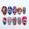 Digital Circus Press On Nails | 3D Jester, Bunny & Rag Doll Fake Nails | Mismatched Weirdcore Cartoon Manicure