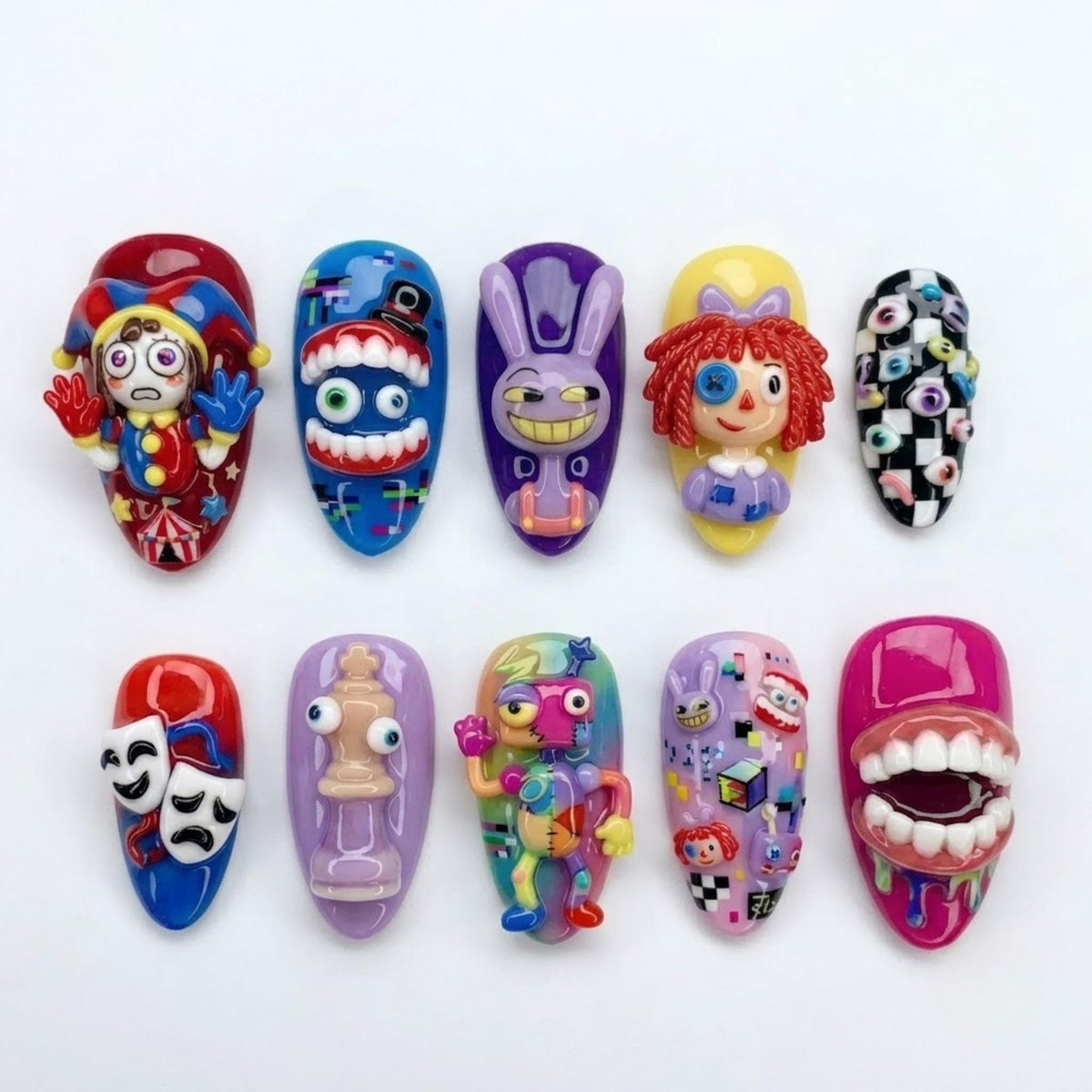 Digital Circus Press On Nails | 3D Jester, Bunny & Rag Doll Fake Nails | Mismatched Weirdcore Cartoon Manicure