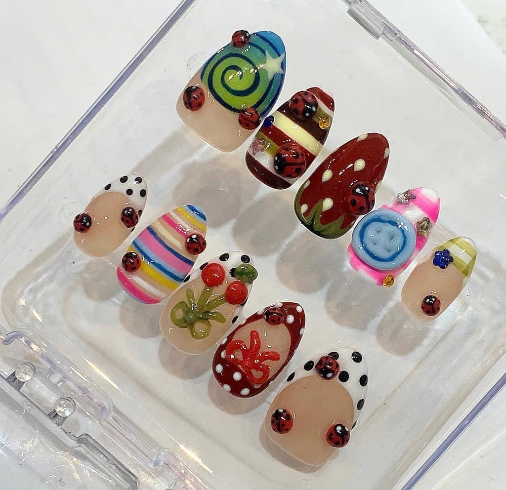 Ladybug Cherry Bow Nails | Whimsical Retro Press Ons (Handmade)