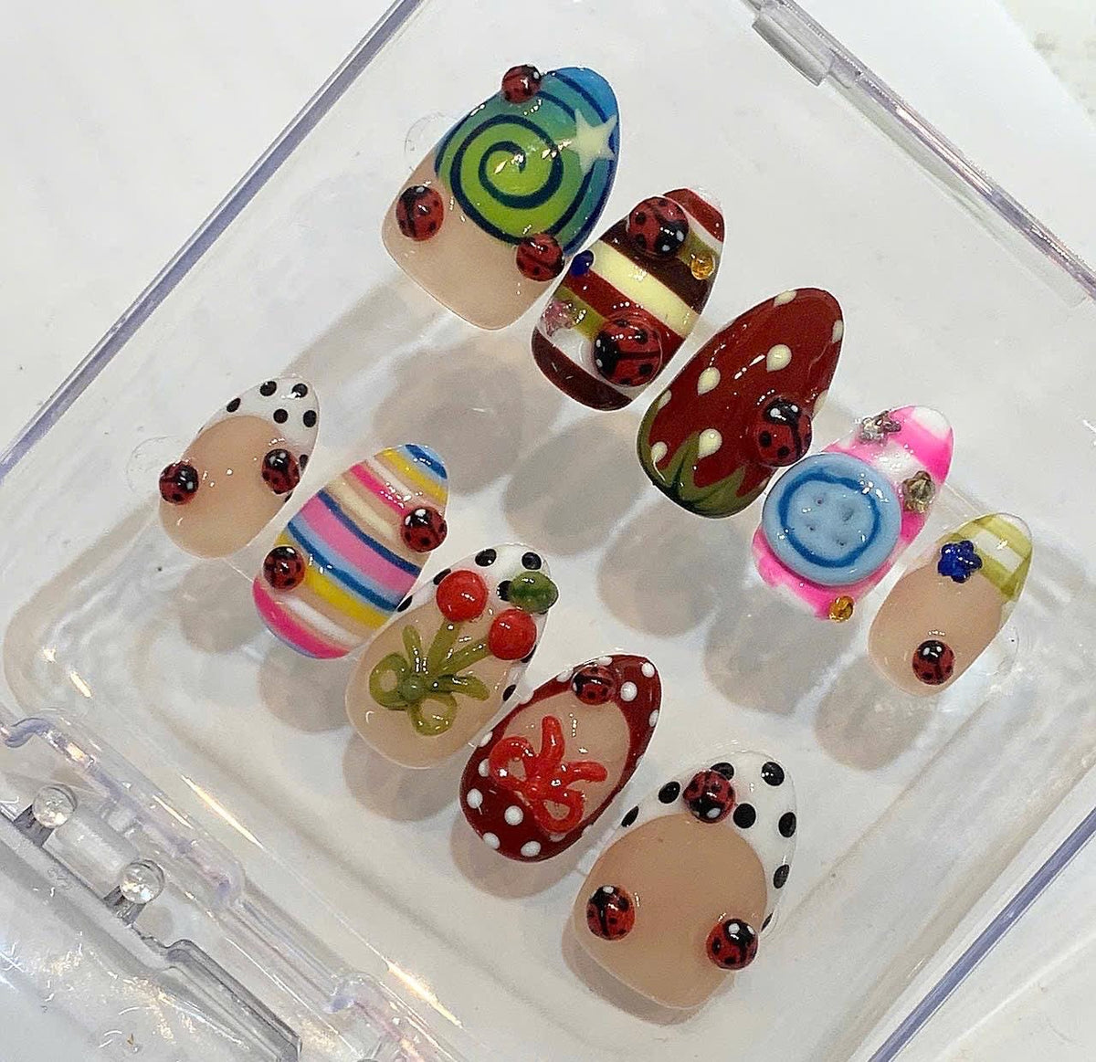 Ladybug Cherry Bow Nails | Whimsical Retro Press Ons (Handmade)