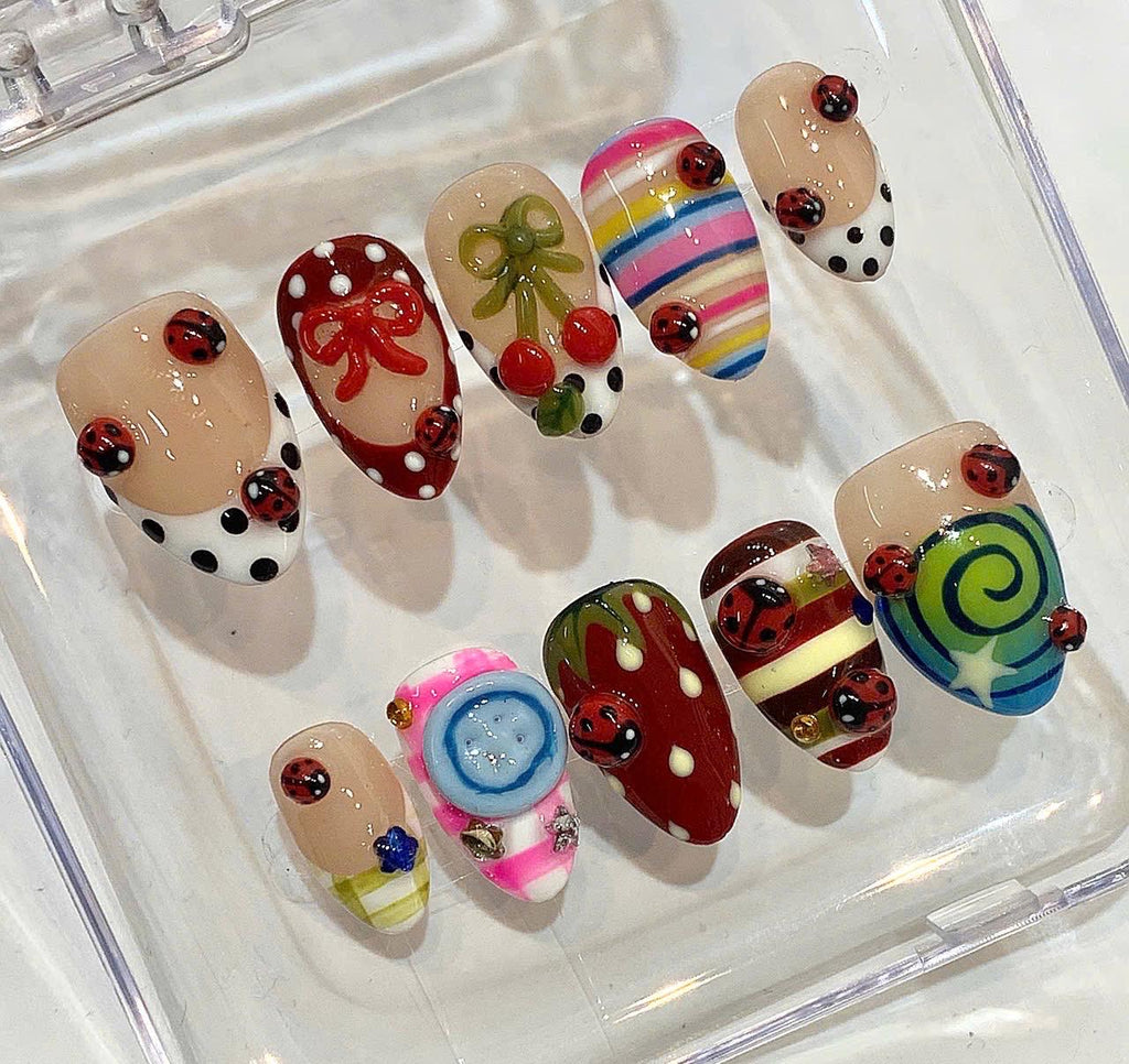 Ladybug Cherry Bow Nails | Whimsical Retro Press Ons (Handmade)