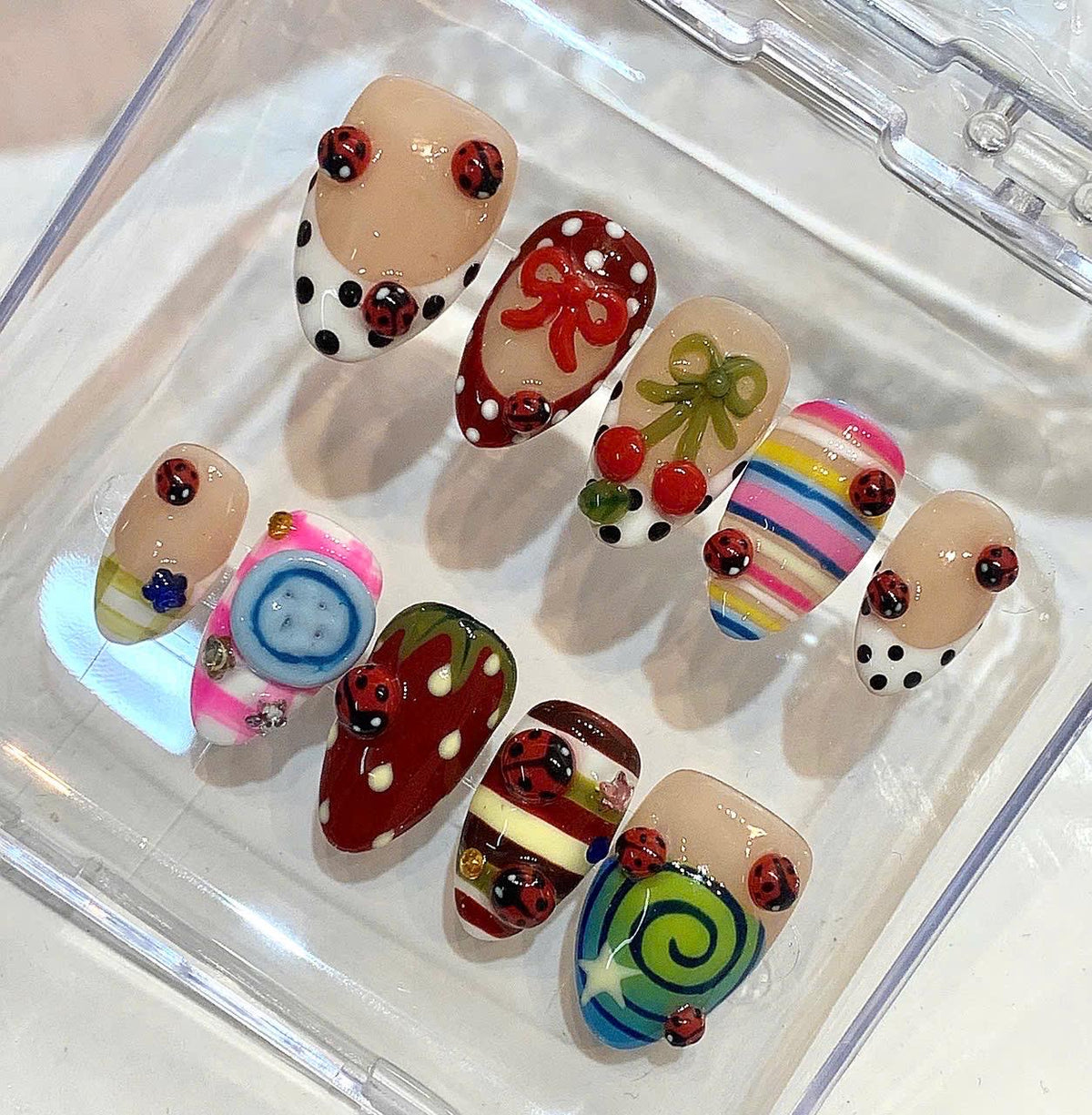 Ladybug Cherry Bow Nails | Whimsical Retro Press Ons (Handmade)