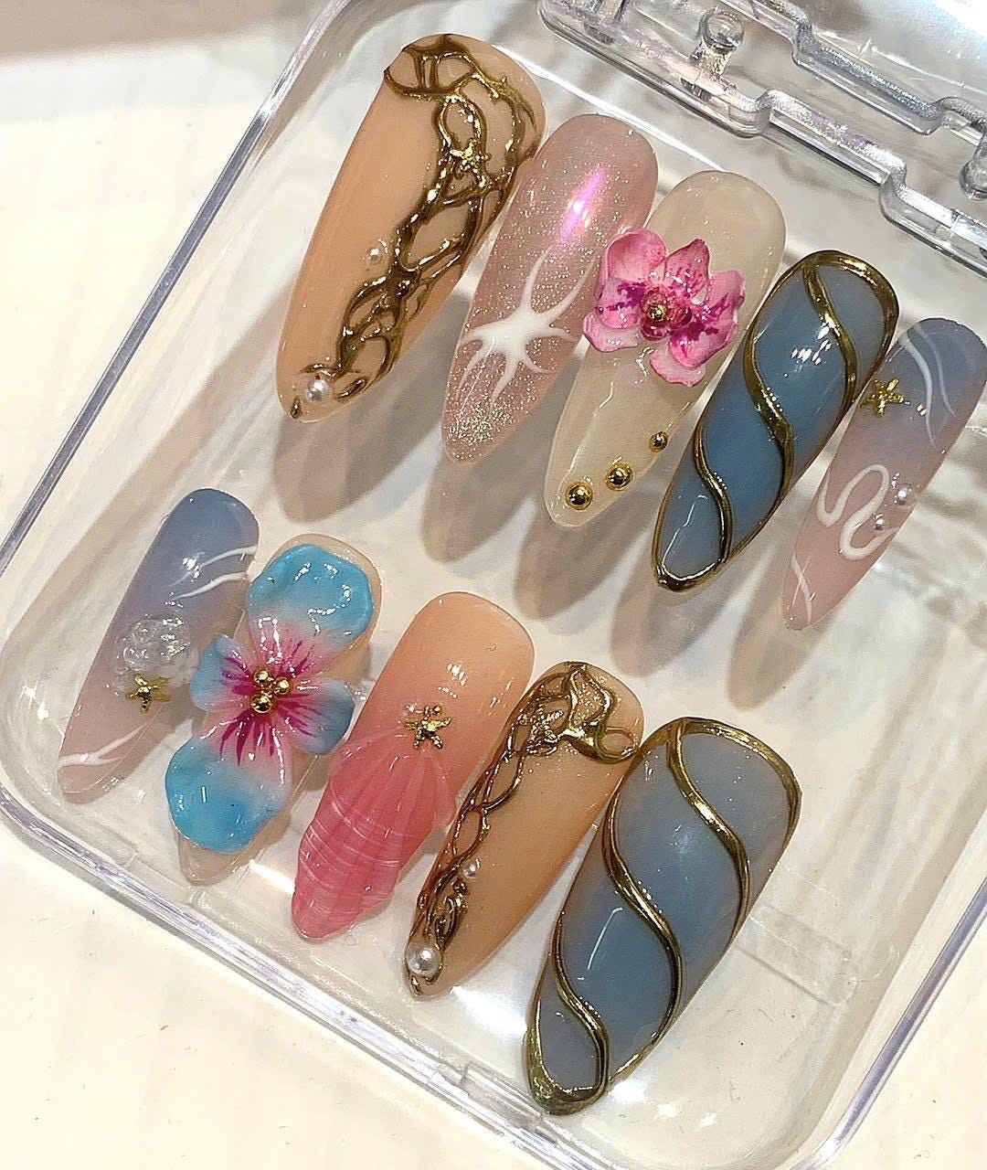 3D Hibiscus Flower Press On Nails | Coastal Mermaid Seashell Set