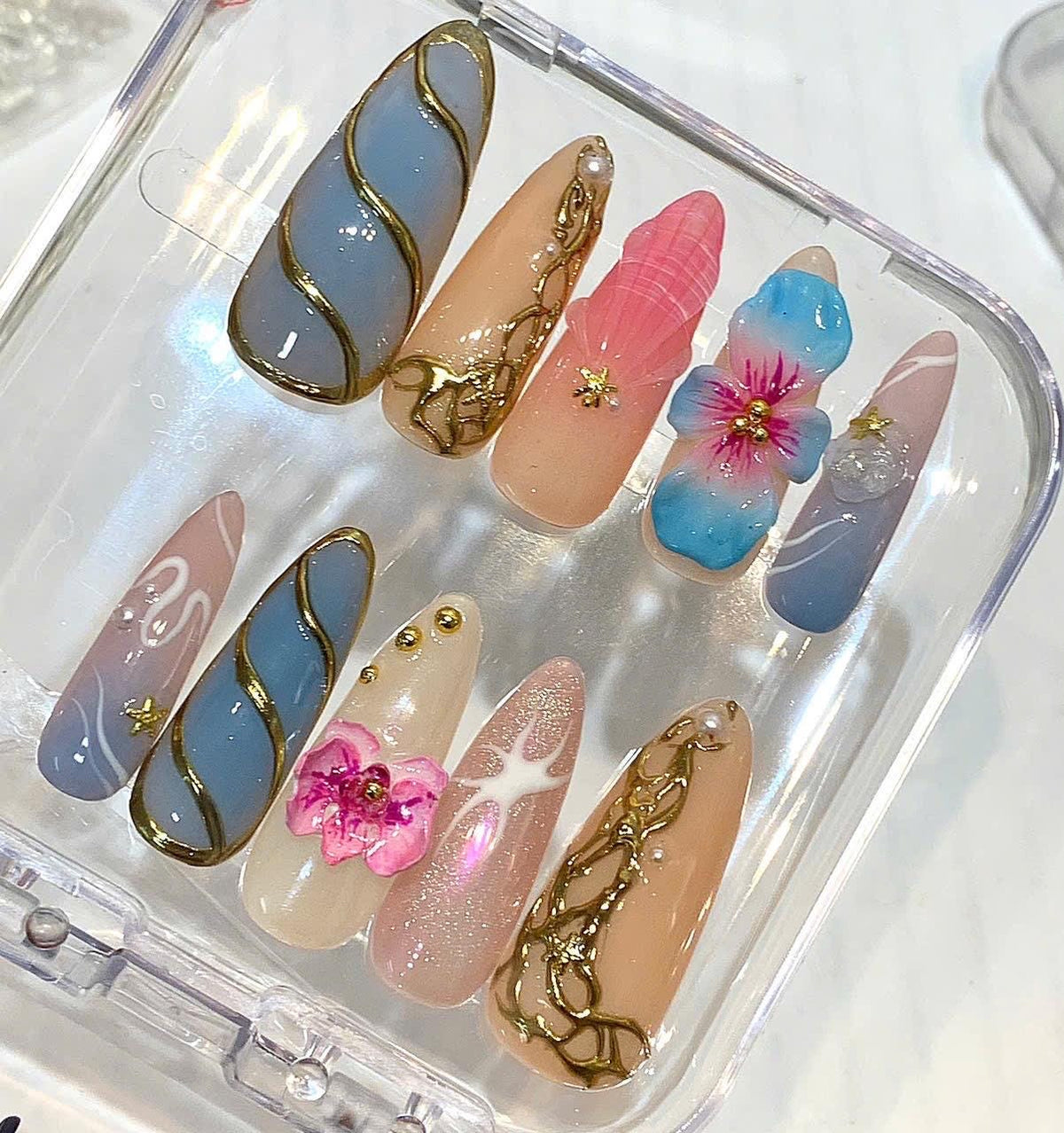 3D Hibiscus Flower Press On Nails | Coastal Mermaid Seashell Set