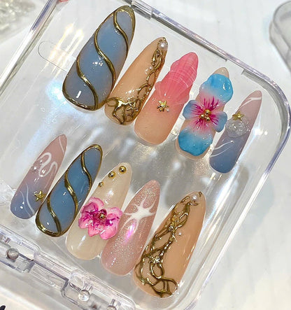 3D Hibiscus Flower Press On Nails | Coastal Mermaid Seashell Set