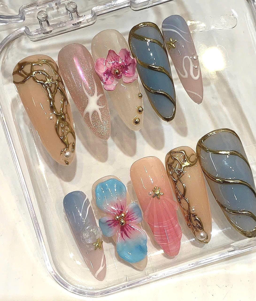 3D Hibiscus Flower Press On Nails | Coastal Mermaid Seashell Set