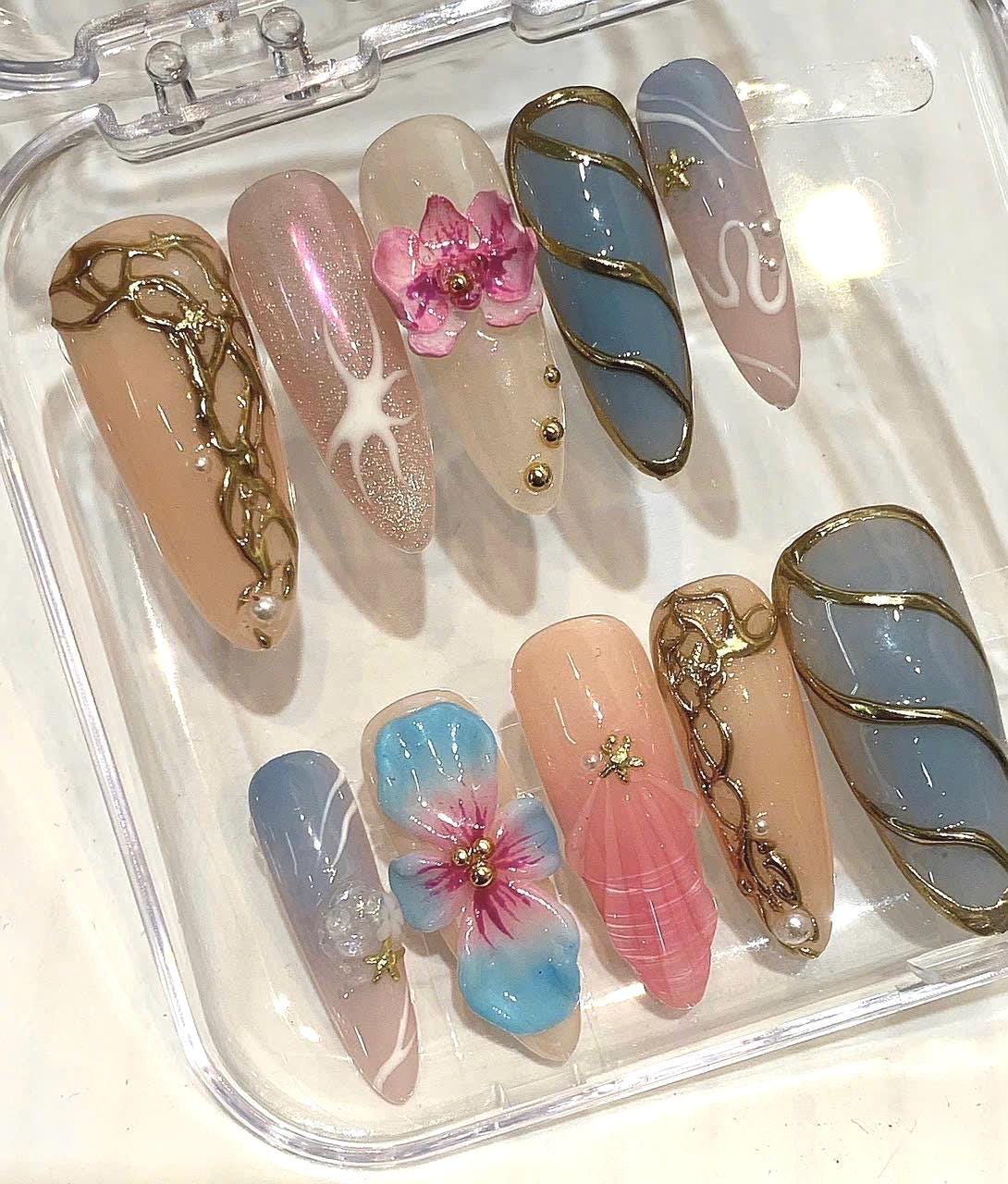 3D Hibiscus Flower Press On Nails | Coastal Mermaid Seashell Set