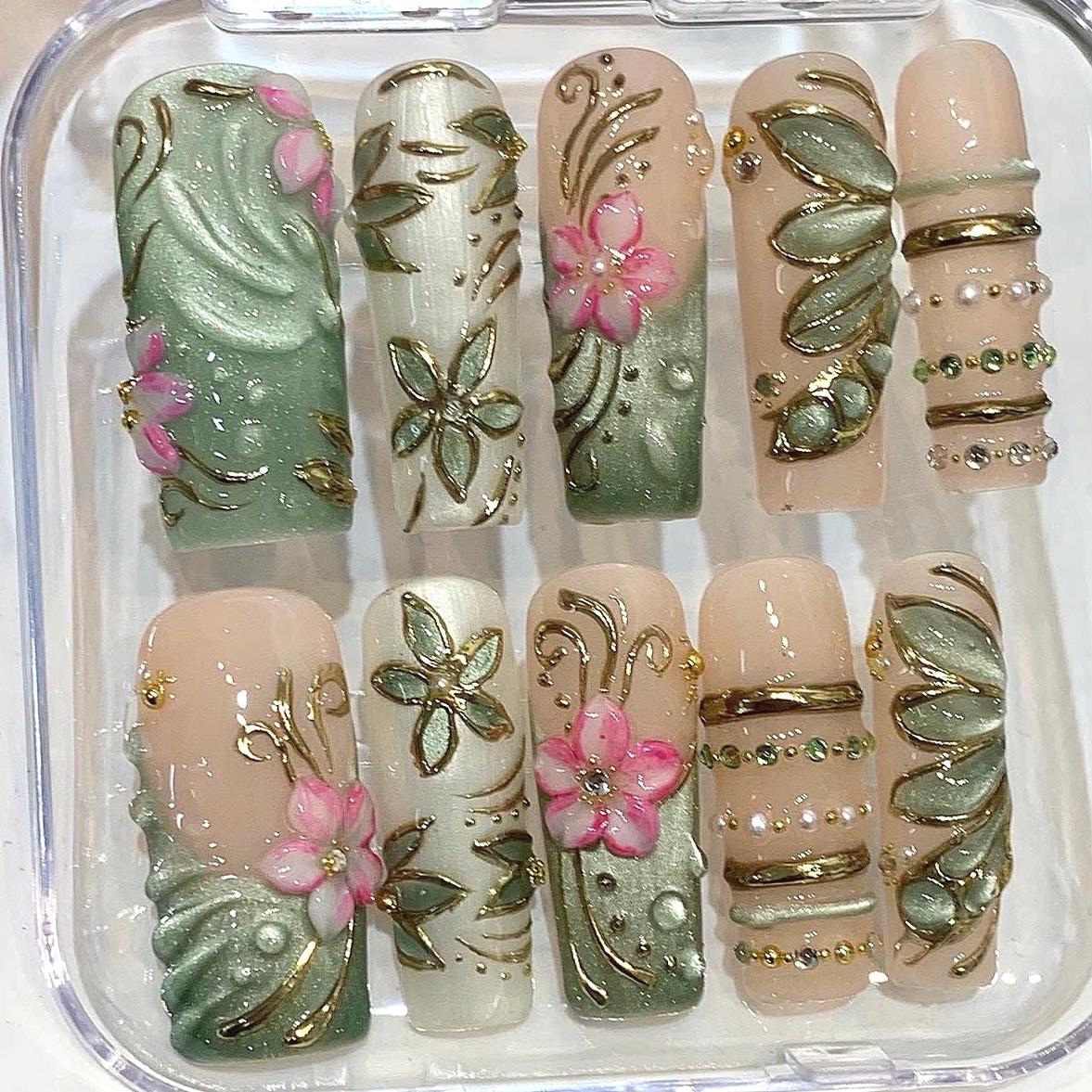 Green Floral Cat Eye Press On Nails, 3D Gold Leaf Art, Luxury Spring Garden