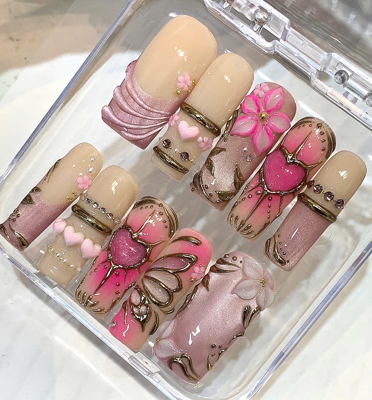 Pink Ombre Heart Press On Nails, 3D Flower Gold Outline Art, Luxury Coquette Style