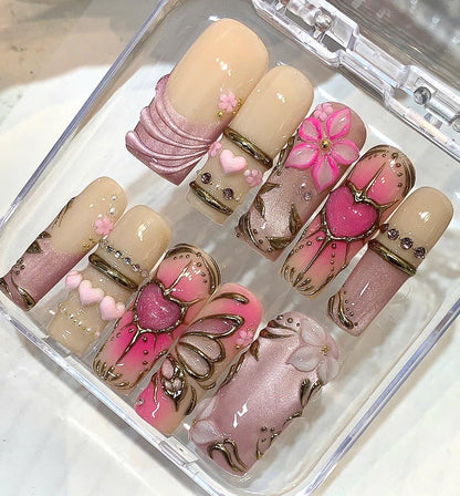 Pink Ombre Heart Press On Nails, 3D Flower Gold Outline Art, Luxury Coquette Style