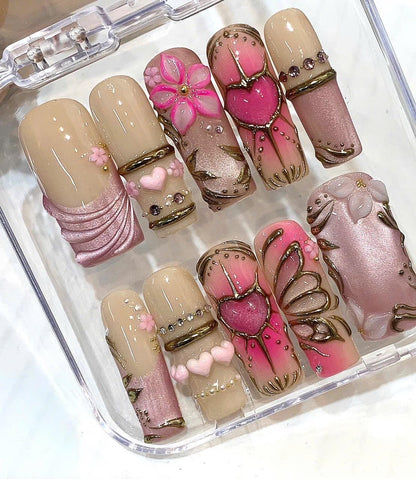 Pink Ombre Heart Press On Nails, 3D Flower Gold Outline Art, Luxury Coquette Style