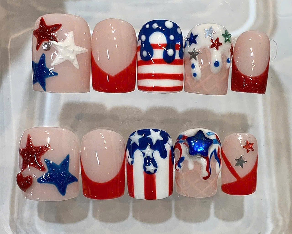 American Flag 3D Star Press On Nails | Red White Blue Independence Day Set