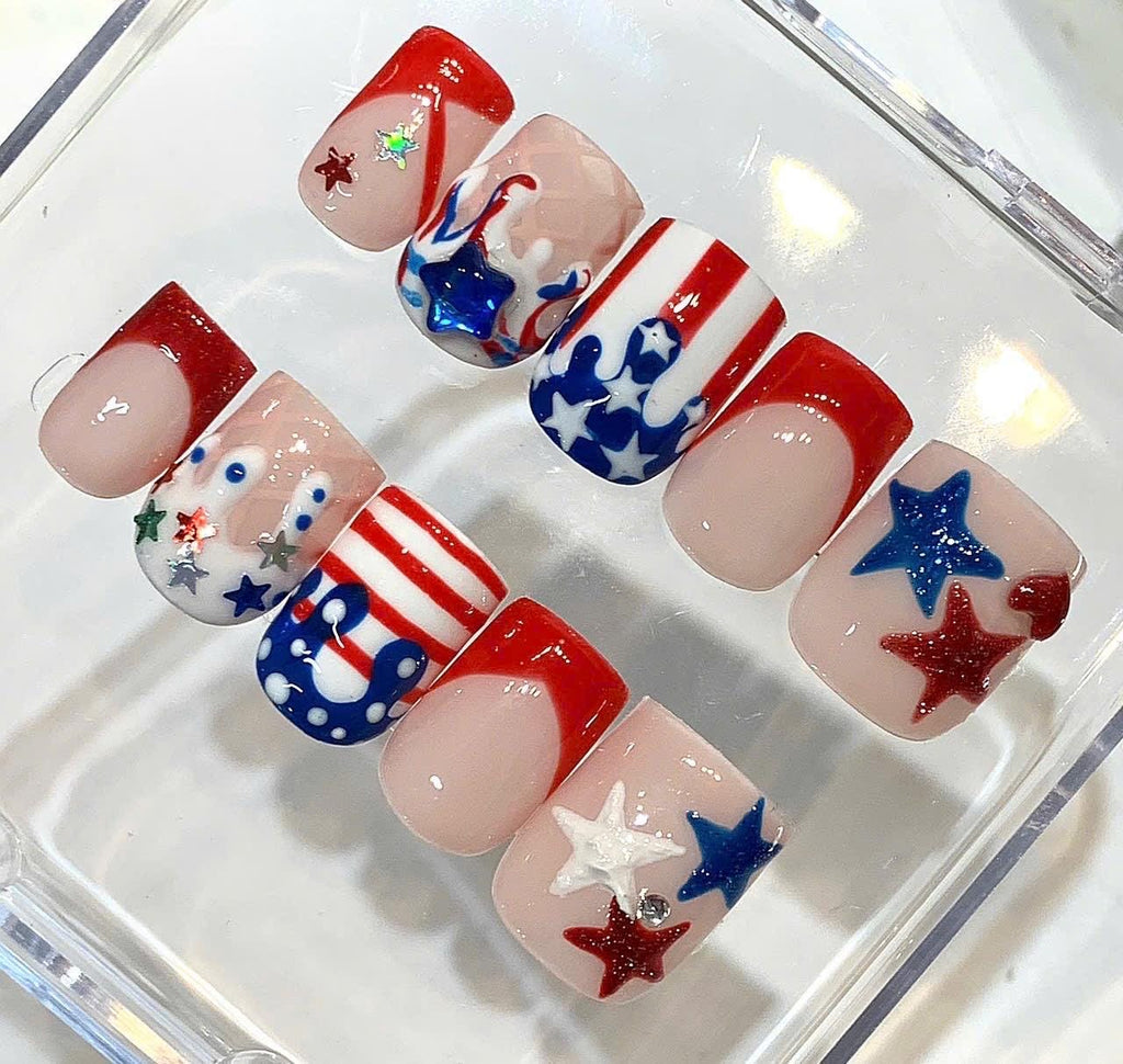 American Flag 3D Star Press On Nails | Red White Blue Independence Day Set