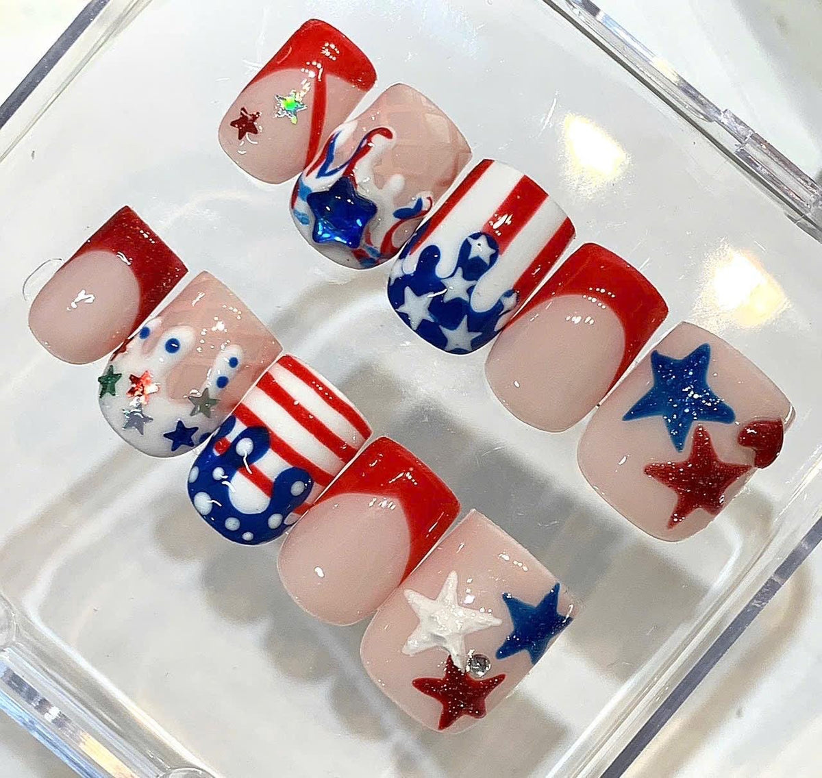 American Flag 3D Star Press On Nails | Red White Blue Independence Day Set