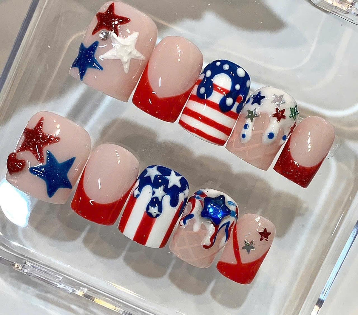 American Flag 3D Star Press On Nails | Red White Blue Independence Day Set
