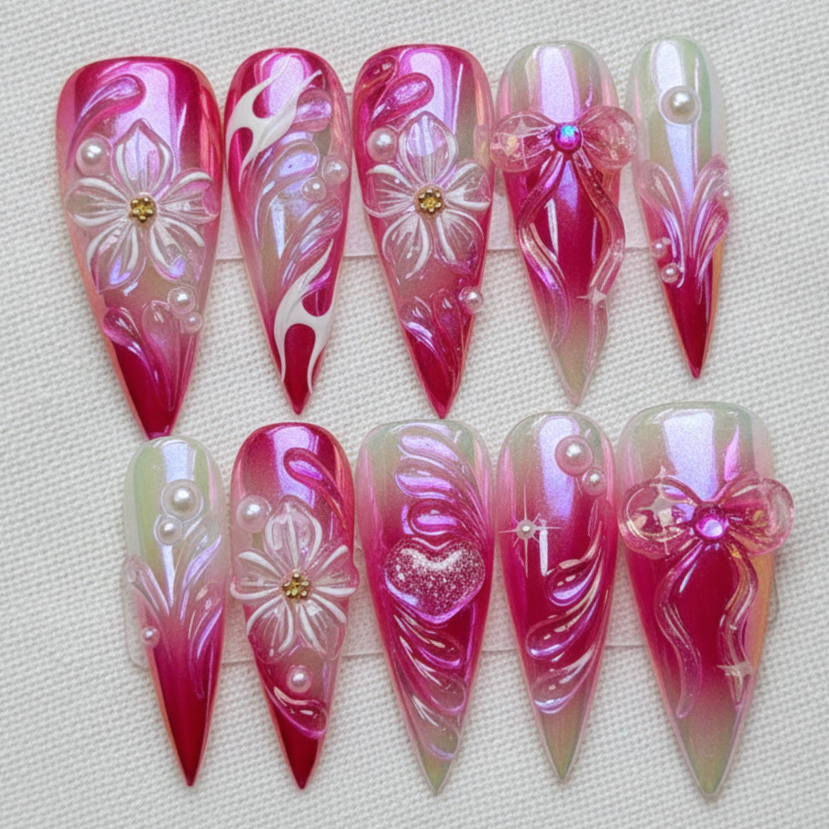 Pink Chrome Press On Nails, 3D Flower Fairycore Nail Art