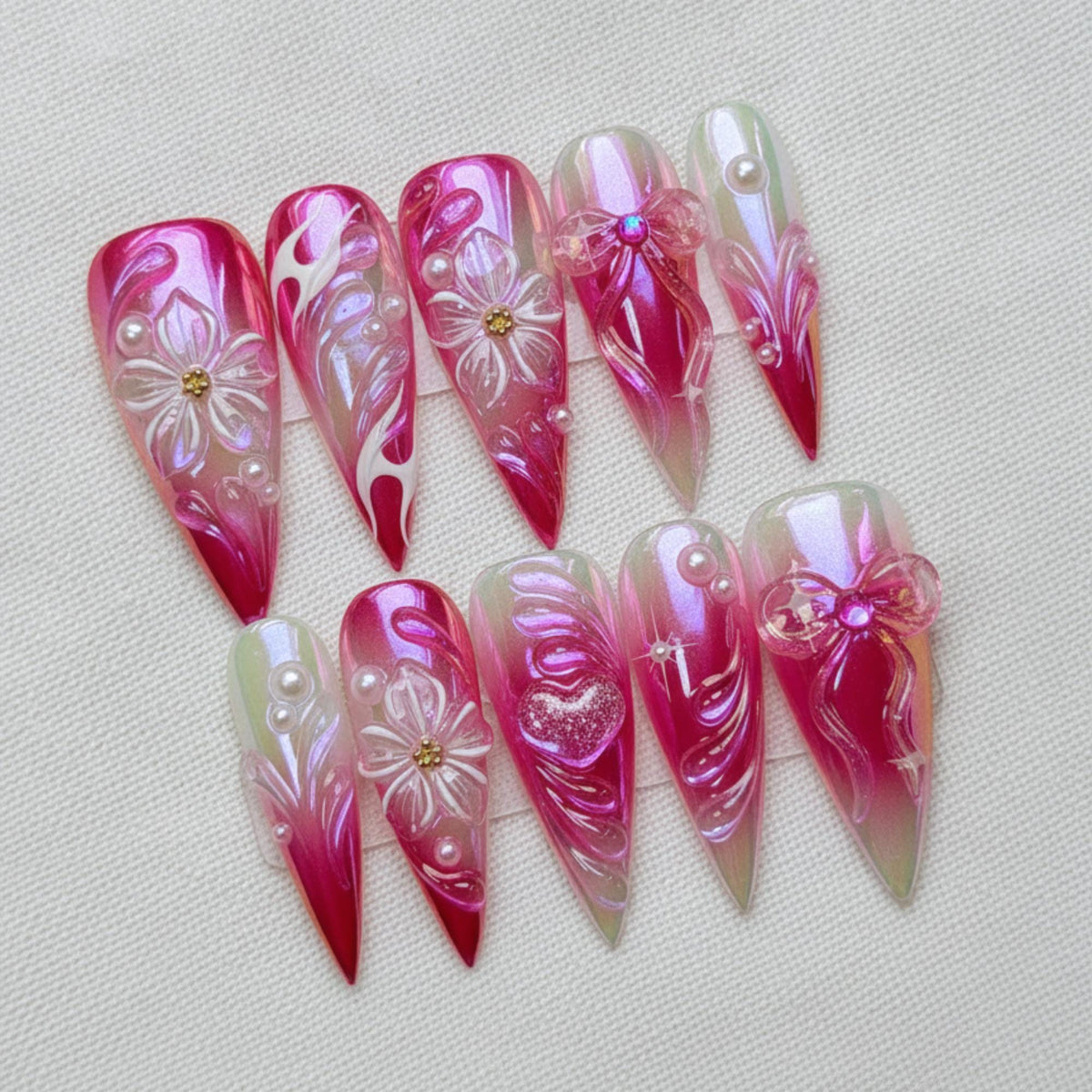 Pink Chrome Press On Nails, 3D Flower Fairycore Nail Art