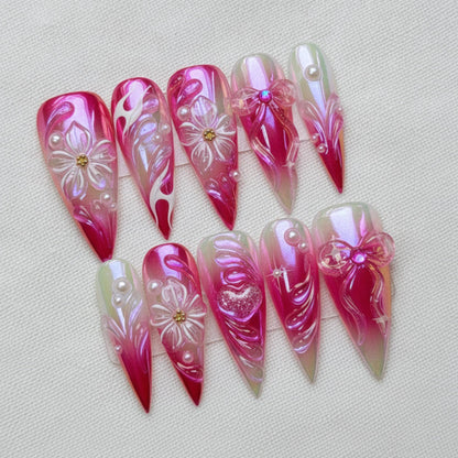 Pink Chrome Press On Nails, 3D Flower Fairycore Nail Art