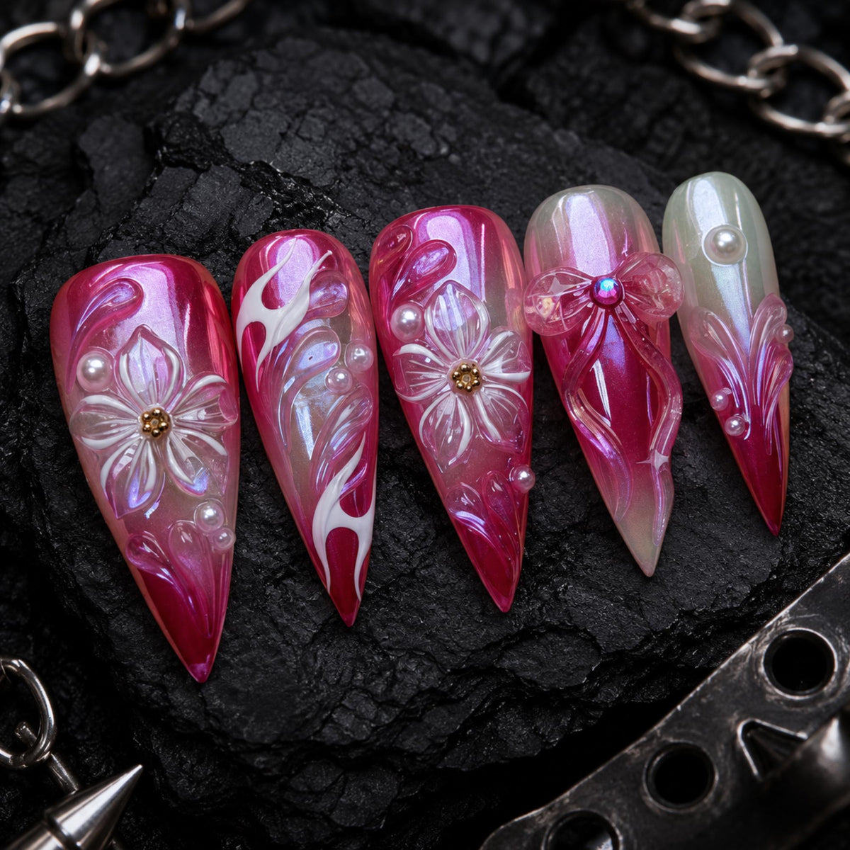 Pink Chrome Press On Nails, 3D Flower Fairycore Nail Art