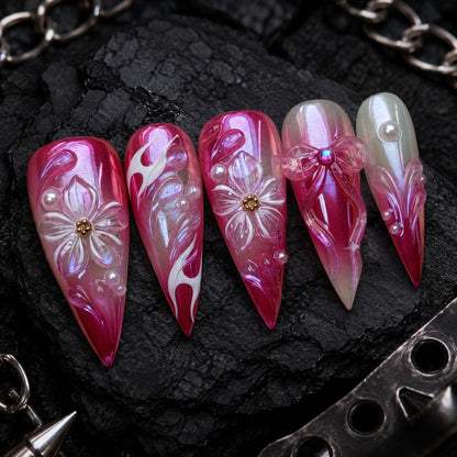 Pink Chrome Press On Nails, 3D Flower Fairycore Nail Art