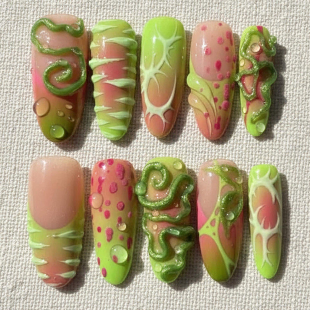Grunge Lime Green Press On Nails, 3D Alien Monster Nail Set