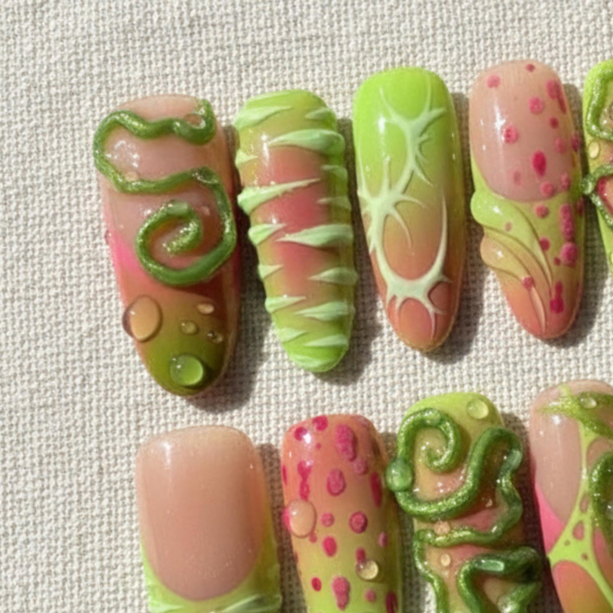 Grunge Lime Green Press On Nails, 3D Alien Monster Nail Set