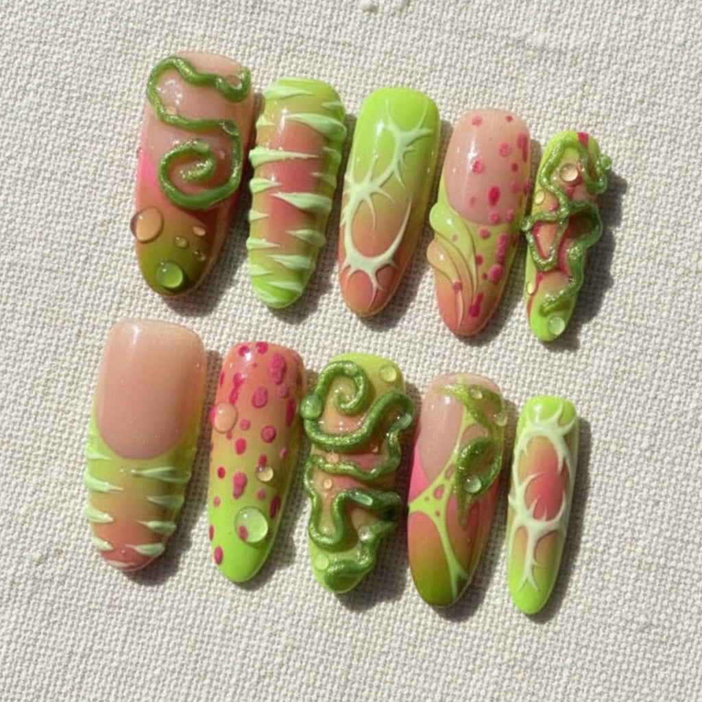 Grunge Lime Green Press On Nails, 3D Alien Monster Nail Set