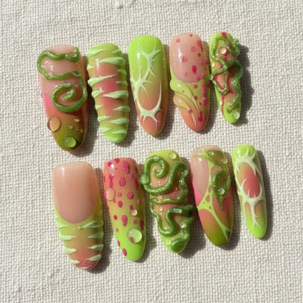 Grunge Lime Green Press On Nails, 3D Alien Monster Nail Set