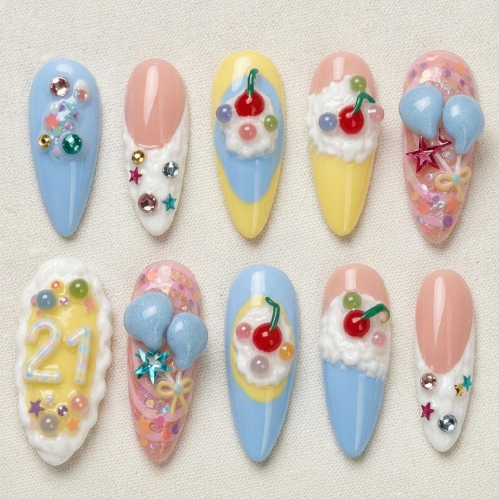 Kawaii Birthday Press On Nails, Cherry Dessert Nail Set