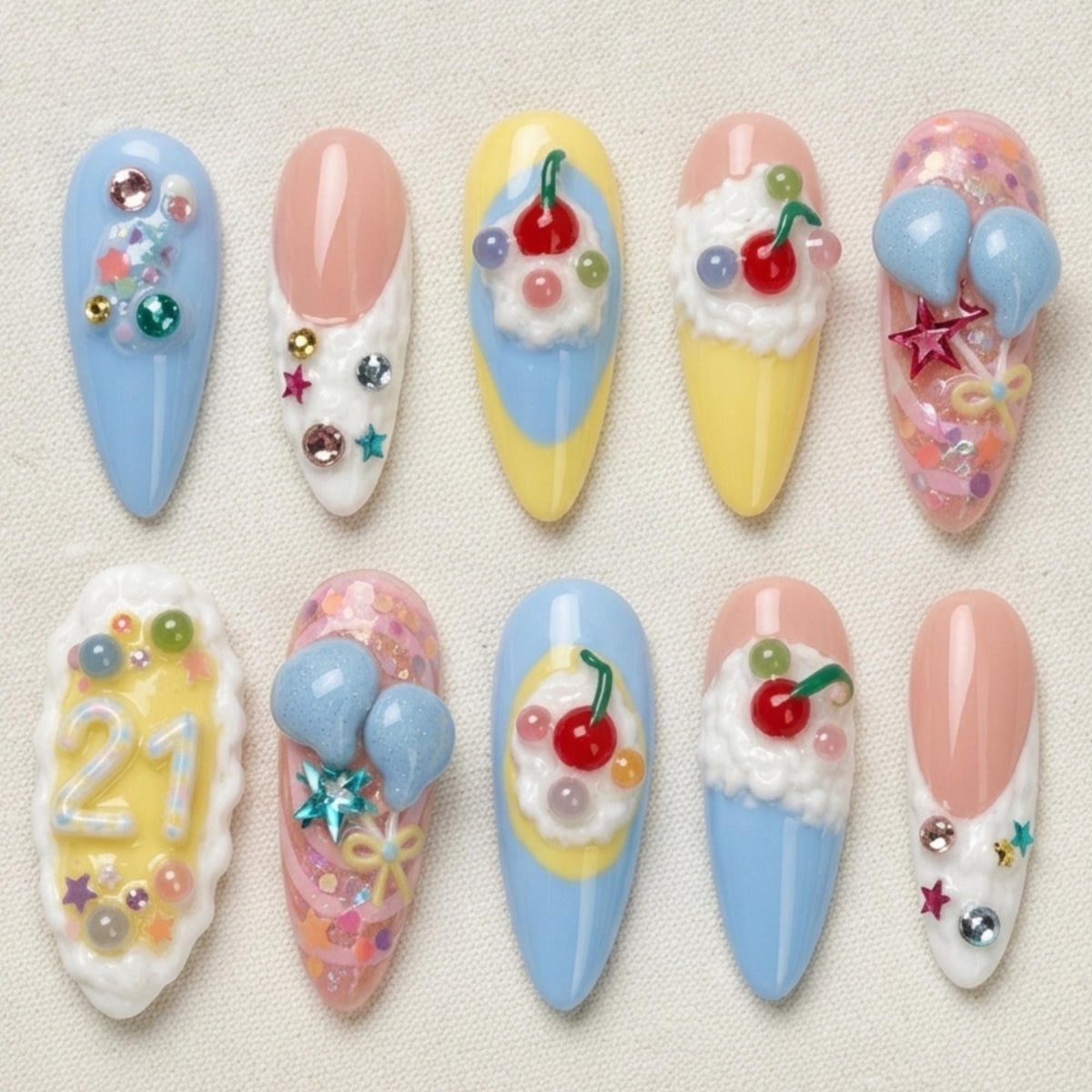 Kawaii Birthday Press On Nails, Cherry Dessert Nail Set