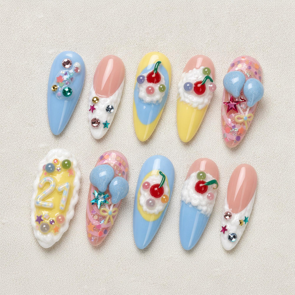 Kawaii Birthday Press On Nails, Cherry Dessert Nail Set