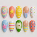 Kawaii Summer Press On Nails, Rainbow Lemon Apple Fruit Nail Set