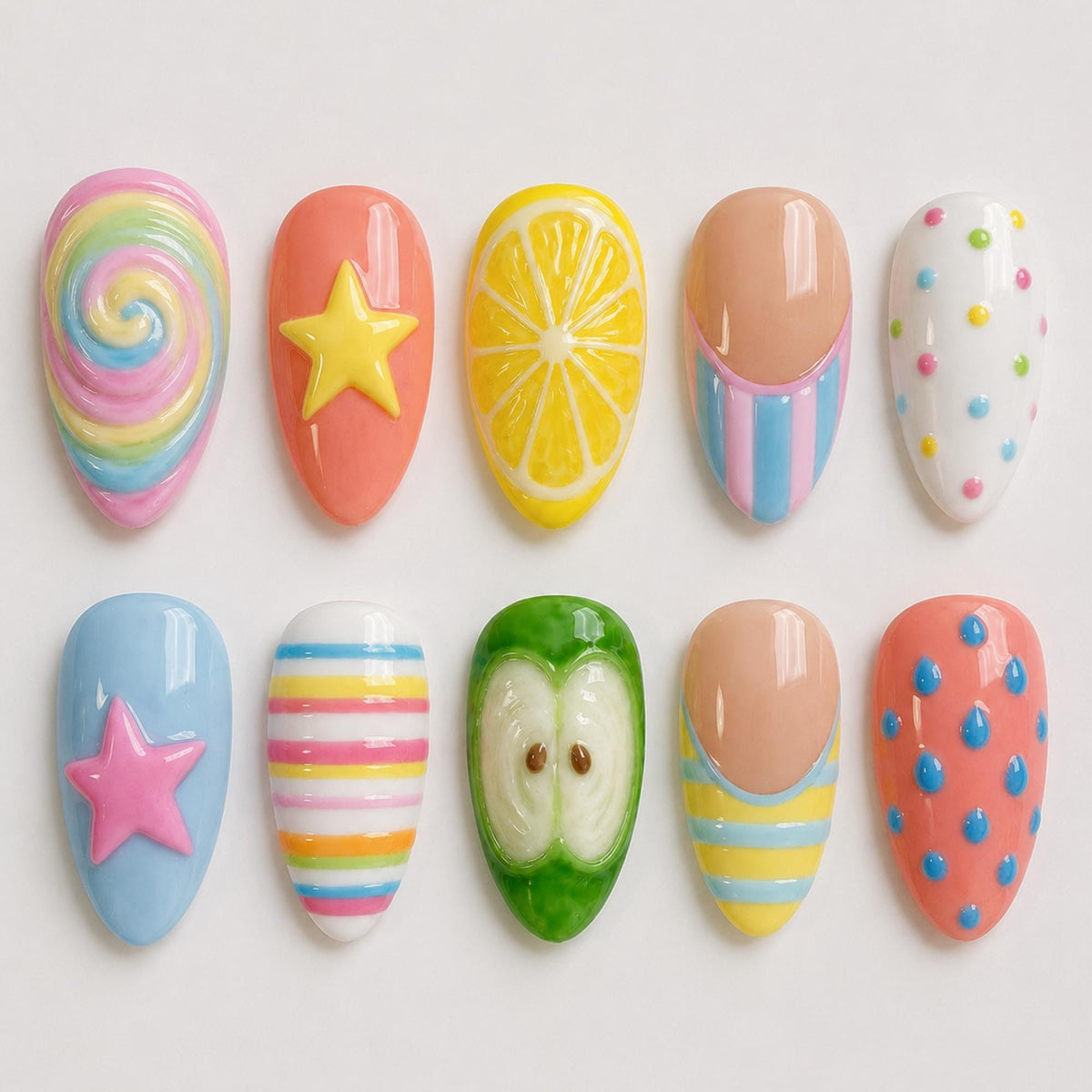 Kawaii Summer Press On Nails, Rainbow Lemon Apple Fruit Nail Set