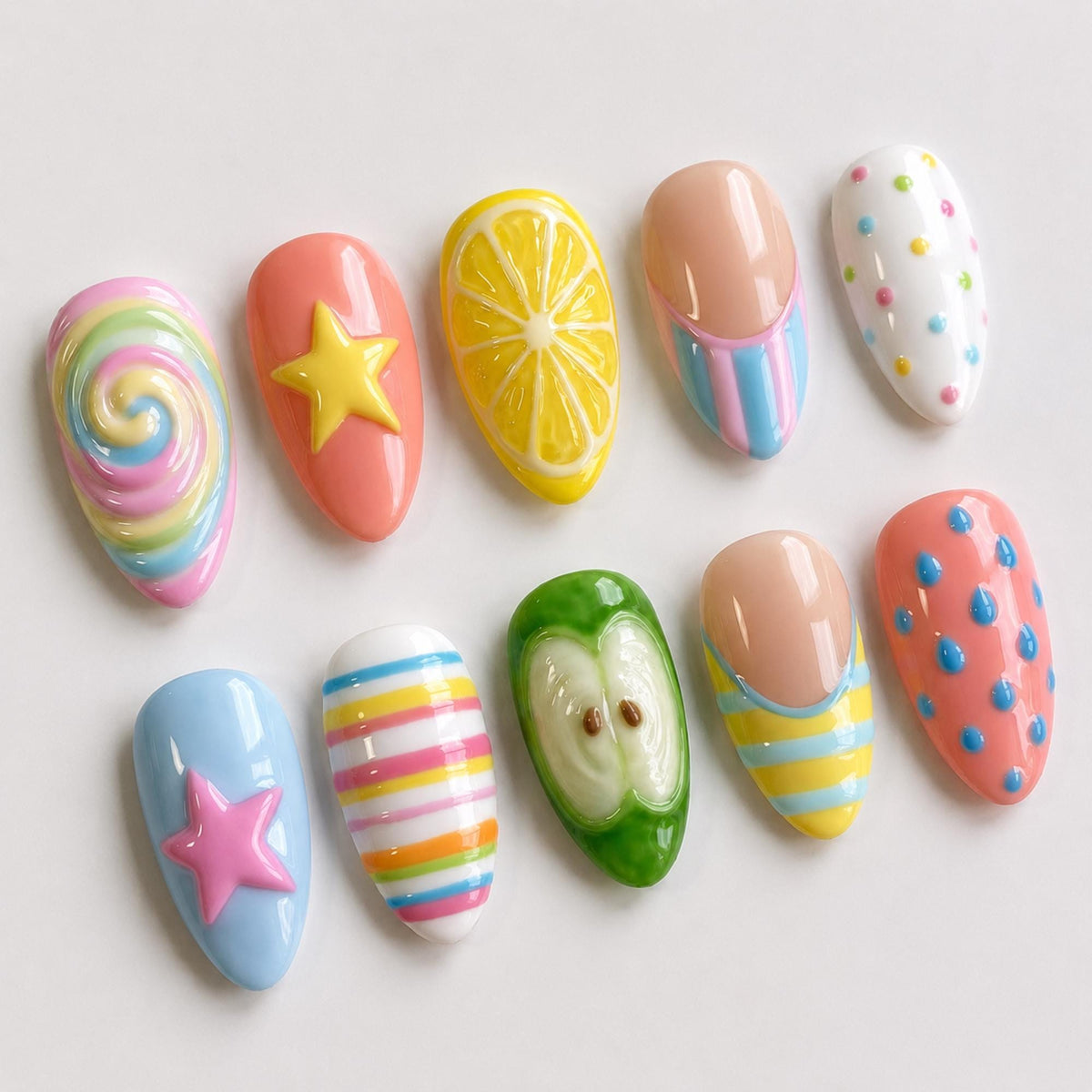 Kawaii Summer Press On Nails, Rainbow Lemon Apple Fruit Nail Set