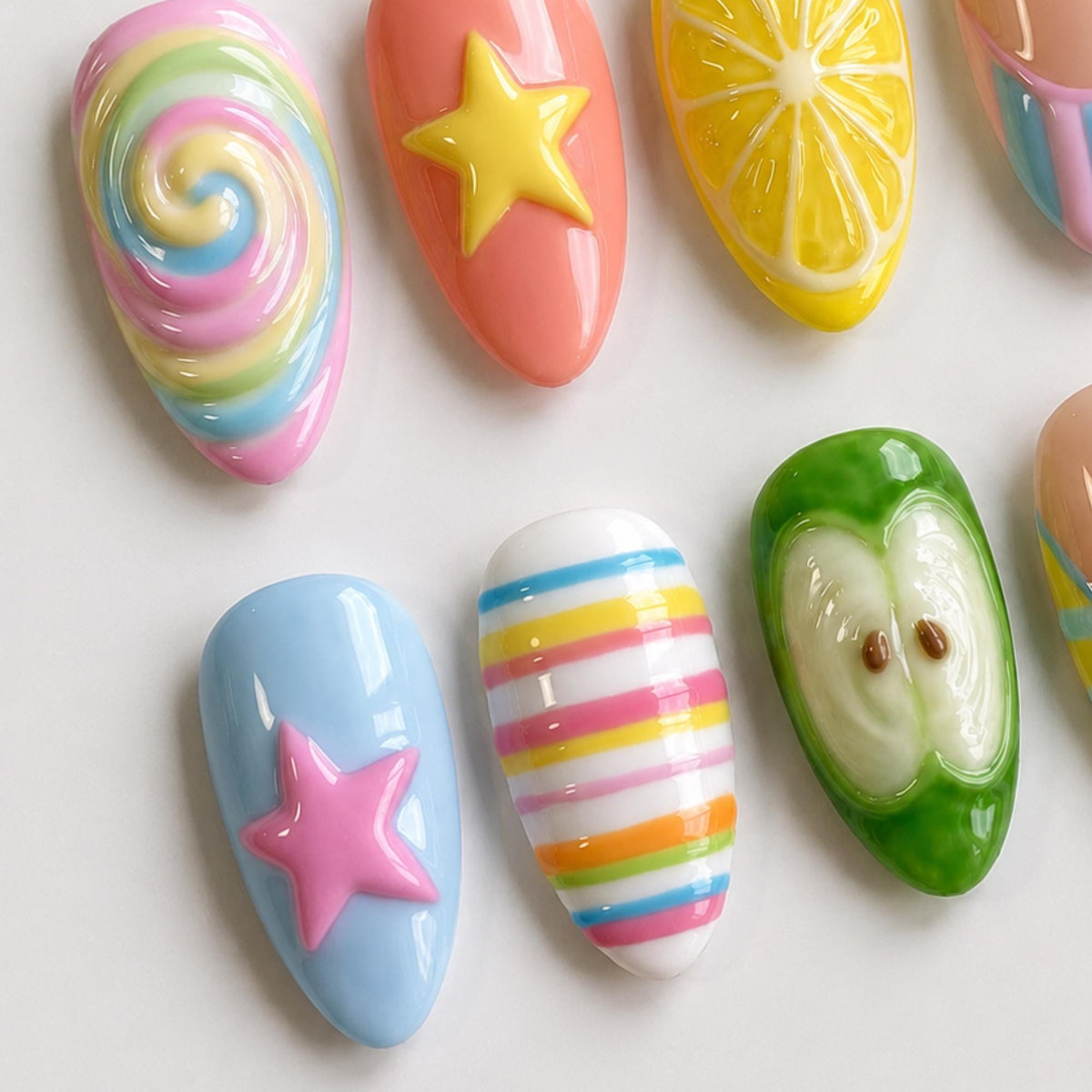 Kawaii Summer Press On Nails, Rainbow Lemon Apple Fruit Nail Set