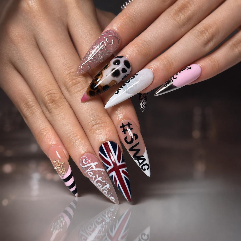 4th of July Press On Nails Long Stiletto • USA Holiday Look •Red White Blue Animal Print Stiletto Fake Nails|  JB421LC